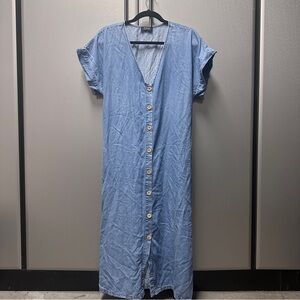 Blue Buttoned Midi Sundress with Cuffed Sleeves